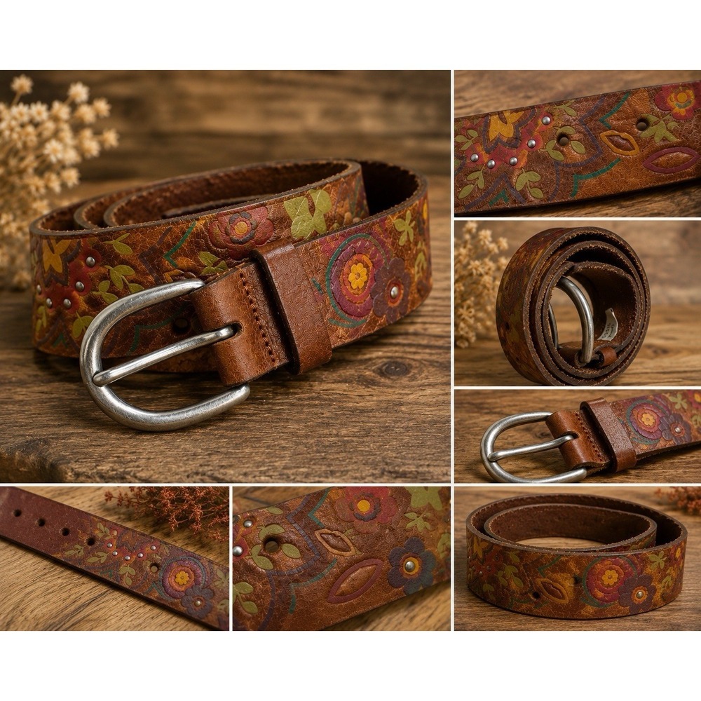 Vintage Y2K Fossil Brown Genuine Leather Belt Sz M Floral Paisley Painted Boho